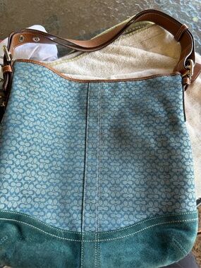 Coach signature Blue Patterned large Shoulder Bag with tan leather strap